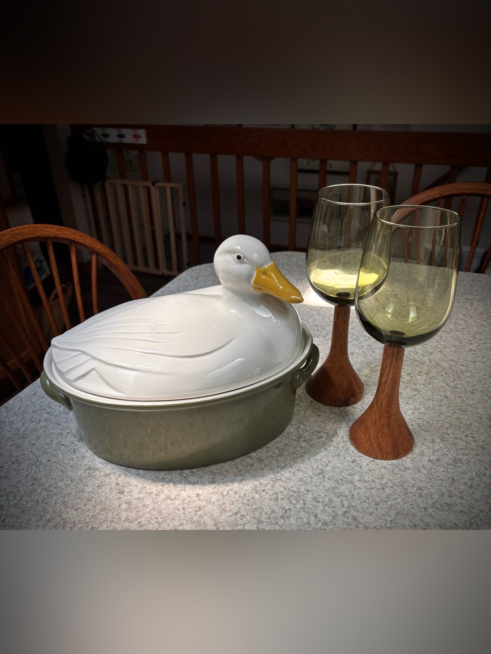 Housewarming Cottagecore Bundle Vintage Ceramic Duck Casserole Wood Wine Glasses